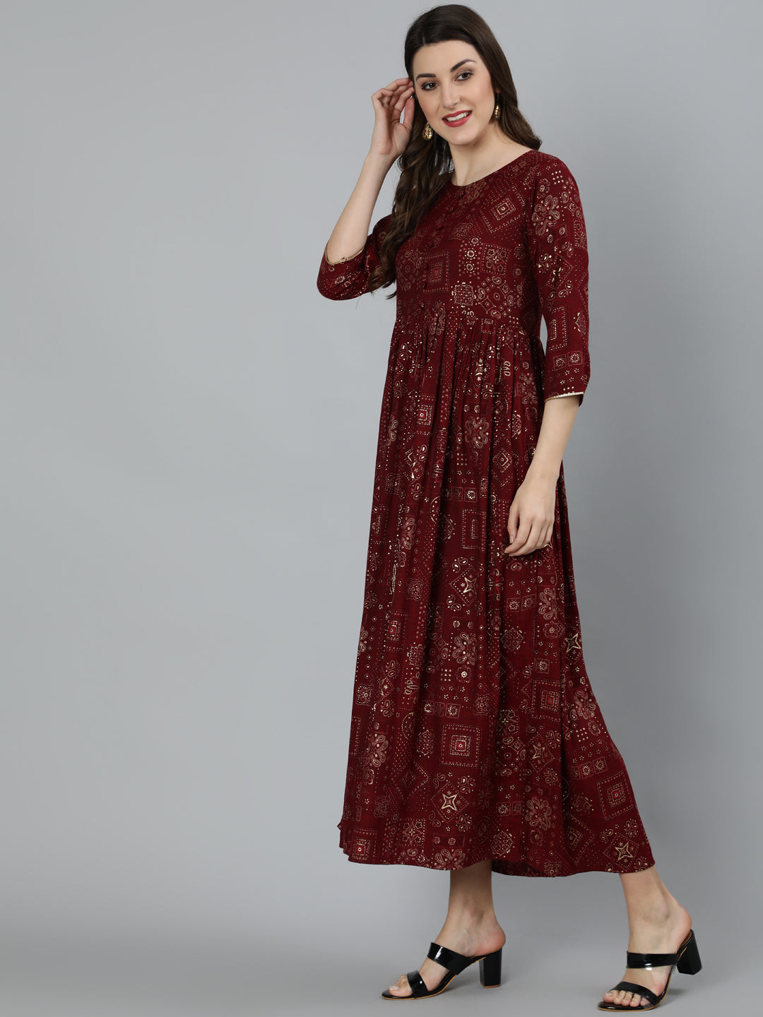 Maroon Ethnic Printed Flared Dress