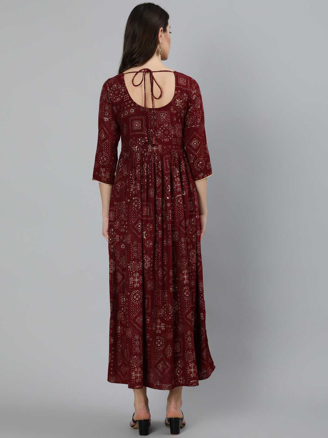 Maroon Ethnic Printed Flared Dress
