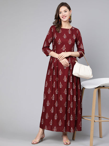 Burgundy Printed Flared Dress With Three Quarter Sleeves