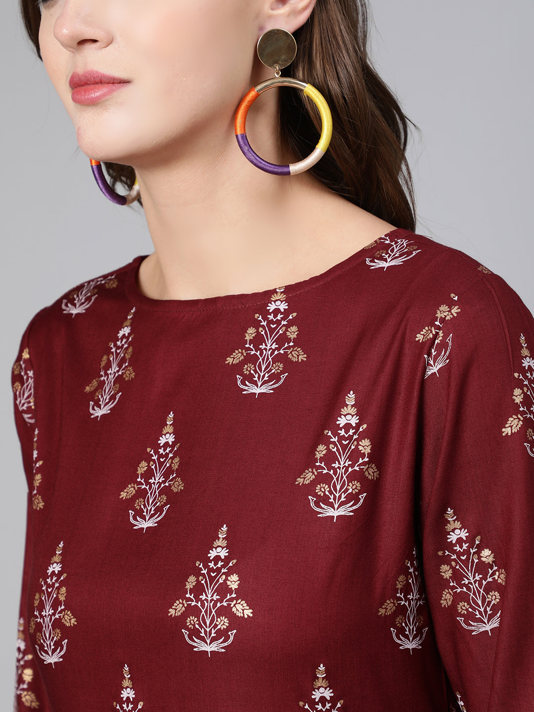 Burgundy Printed Flared Dress With Three Quarter Sleeves
