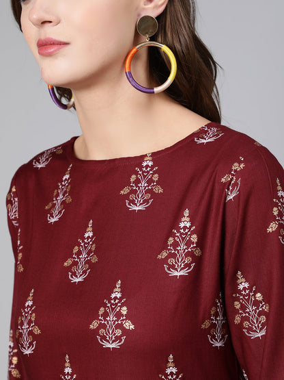 Burgundy Printed Flared Dress With Three Quarter Sleeves