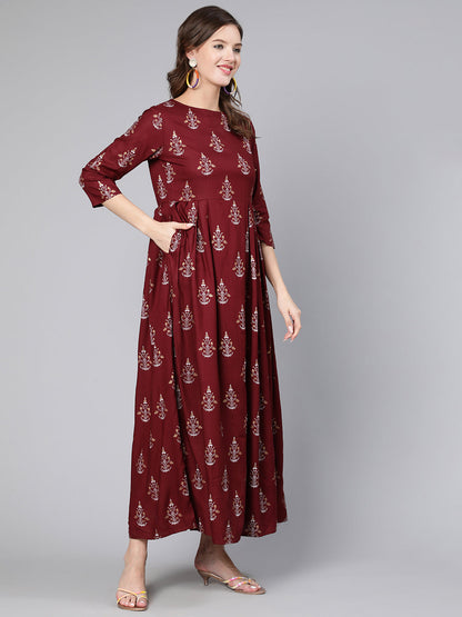 Burgundy Printed Flared Dress With Three Quarter Sleeves