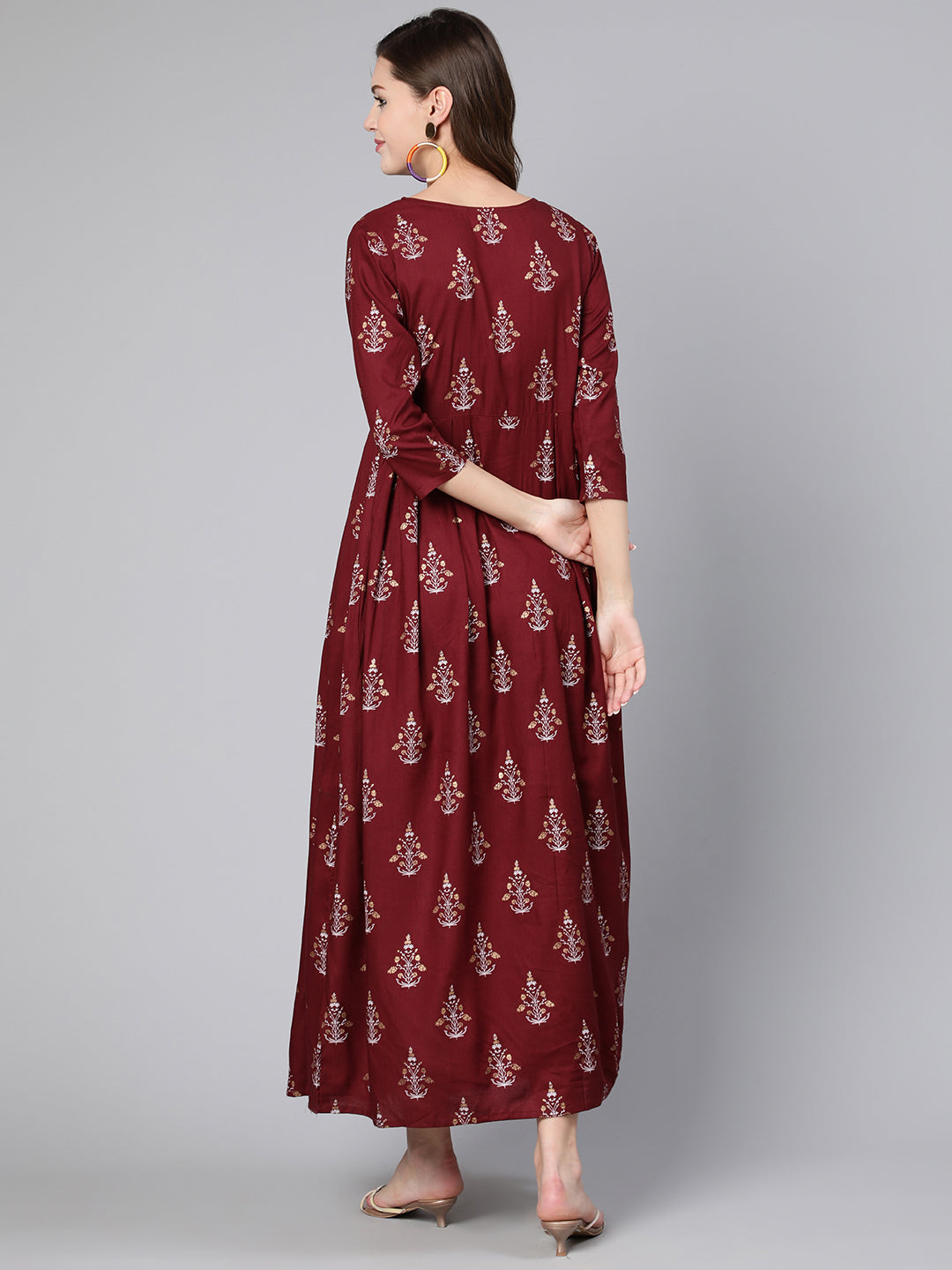 Burgundy Printed Flared Dress With Three Quarter Sleeves