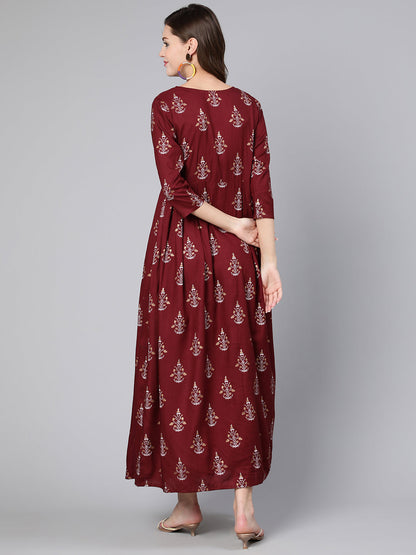 Burgundy Printed Flared Dress With Three Quarter Sleeves