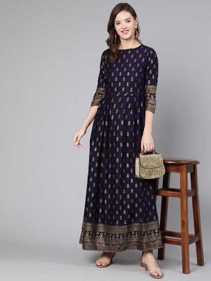 Blue Printed Flared Dress With Three Quarter Sleeves