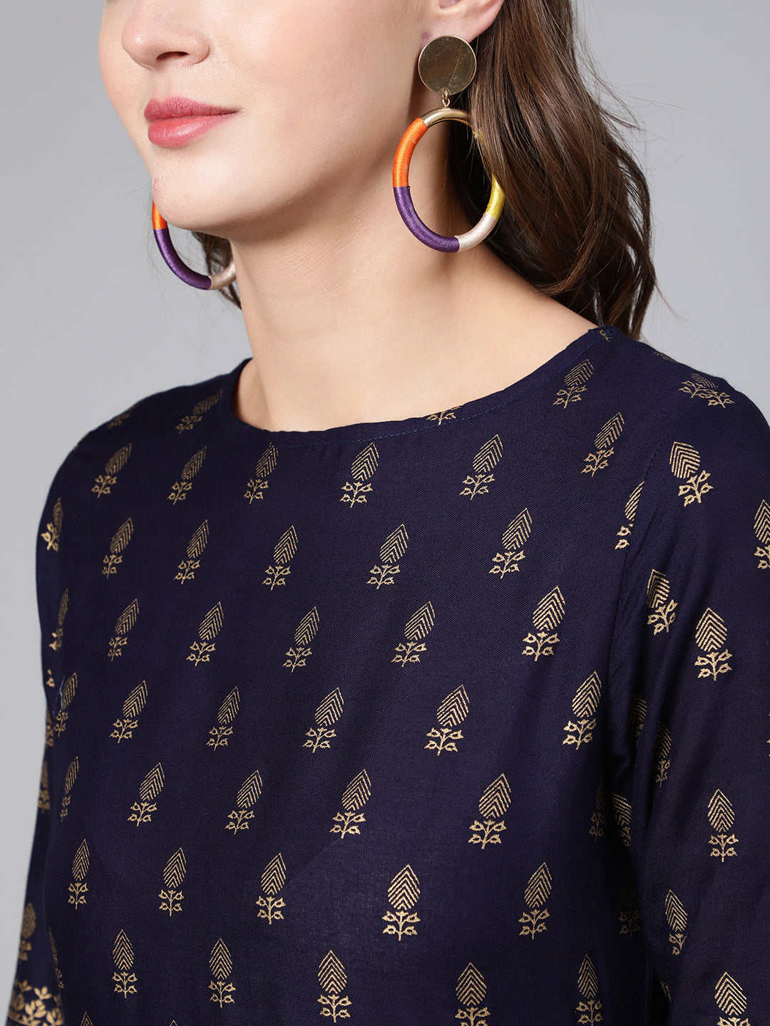 Blue Printed Flared Dress With Three Quarter Sleeves