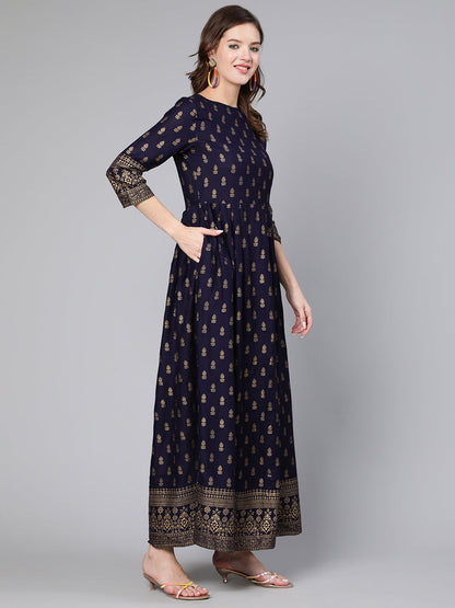 Blue Printed Flared Dress With Three Quarter Sleeves