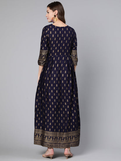 Blue Printed Flared Dress With Three Quarter Sleeves
