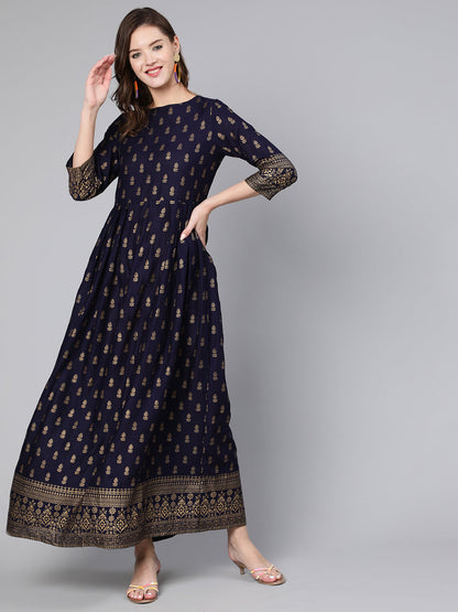 Blue Printed Flared Dress With Three Quarter Sleeves