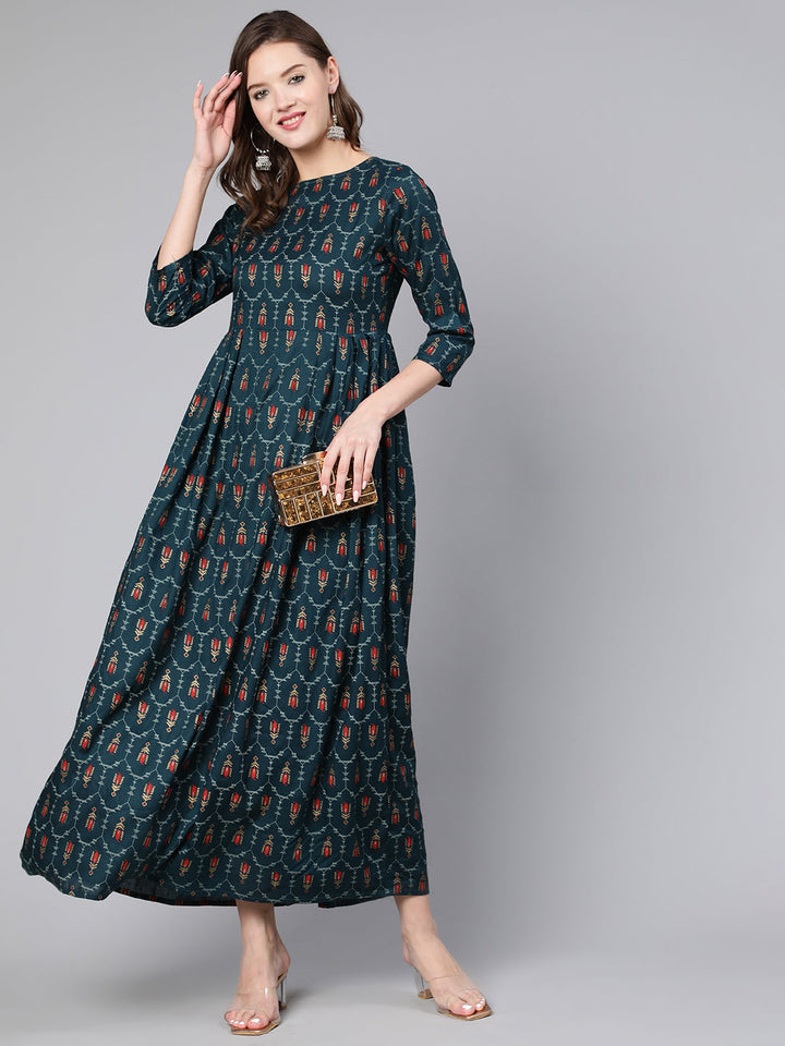 Blue Printed Flared Dress With Three Quarter Sleeves