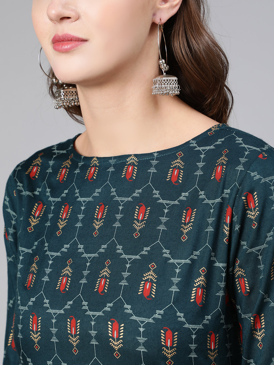 Blue Printed Flared Dress With Three Quarter Sleeves