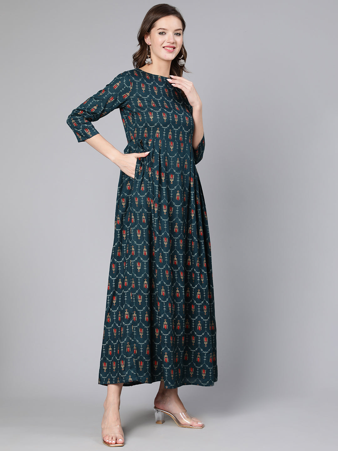 Blue Printed Flared Dress With Three Quarter Sleeves