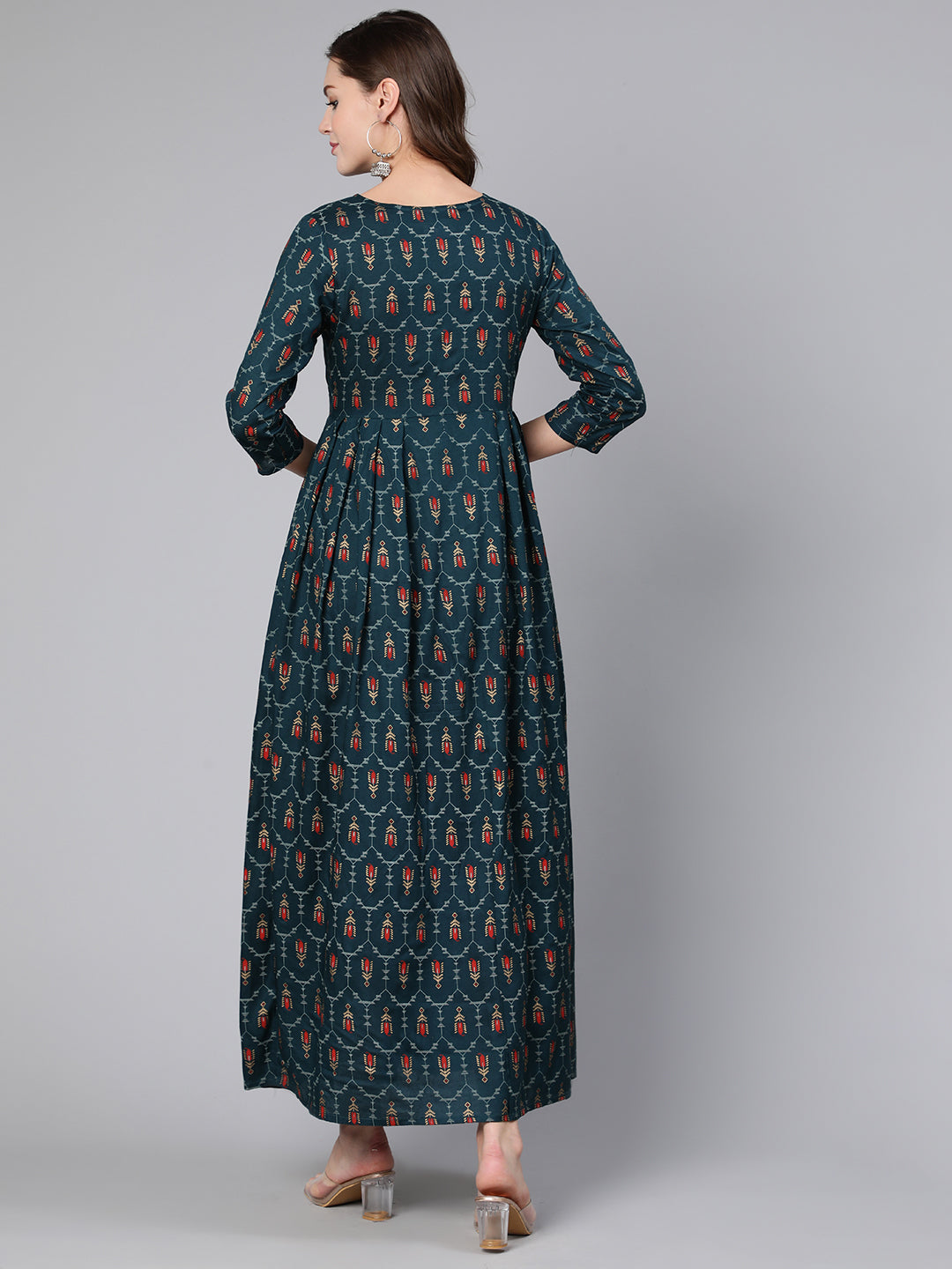 Blue Printed Flared Dress With Three Quarter Sleeves