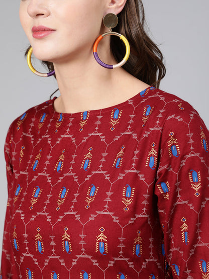 Maroon Printed Flared Dress With Three Quarter Sleeves