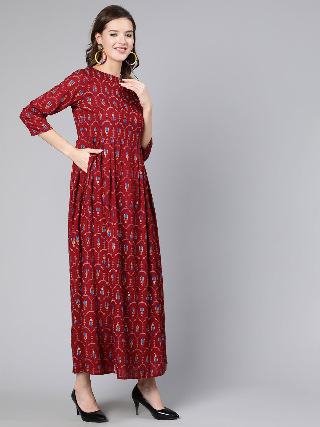 Maroon Printed Flared Dress With Three Quarter Sleeves