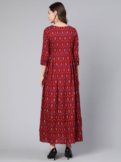 Maroon Printed Flared Dress With Three Quarter Sleeves