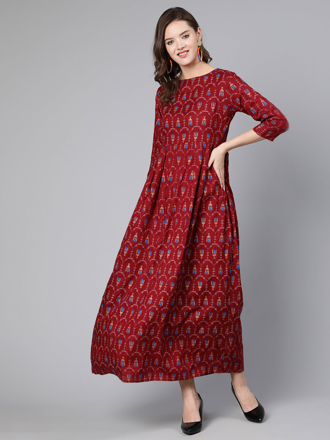 Maroon Printed Flared Dress With Three Quarter Sleeves