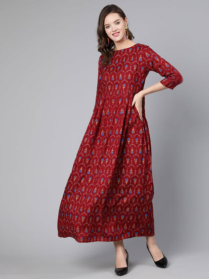 Maroon Printed Flared Dress With Three Quarter Sleeves