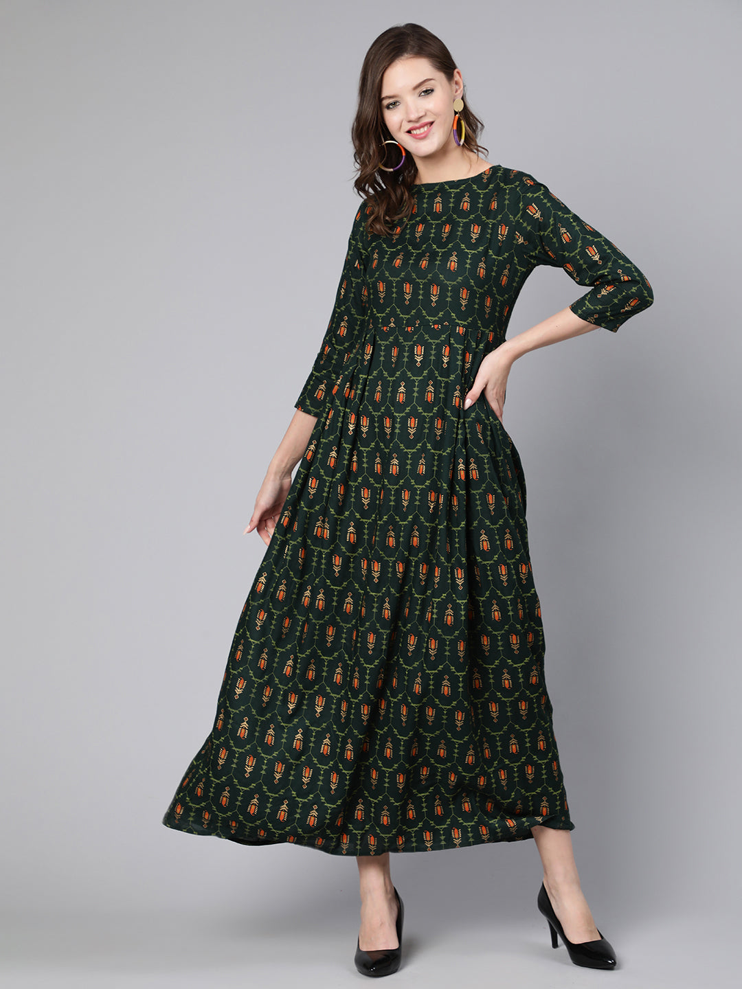 Green Printed Flared Dress With Three Quarter Sleeves