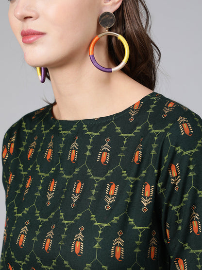 Green Printed Flared Dress With Three Quarter Sleeves