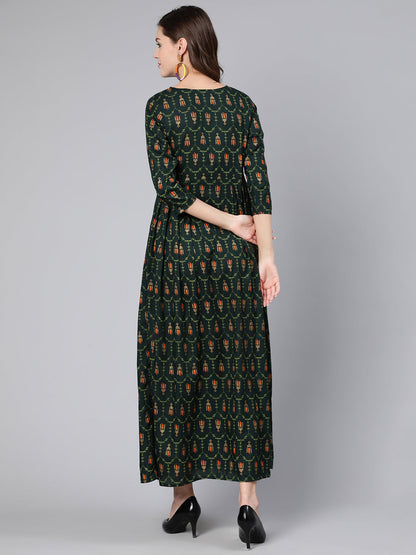 Green Printed Flared Dress With Three Quarter Sleeves