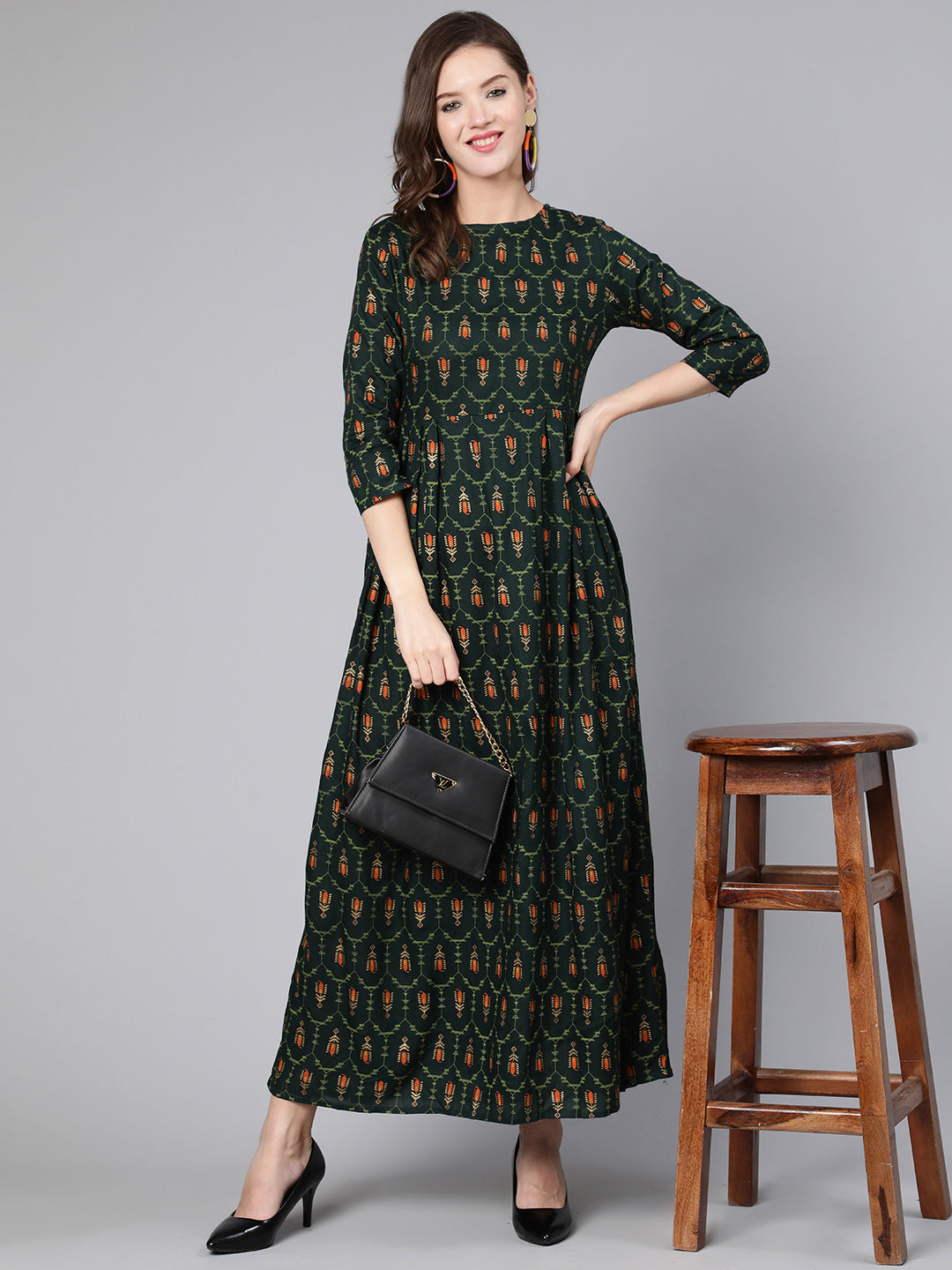 Green Printed Flared Dress With Three Quarter Sleeves
