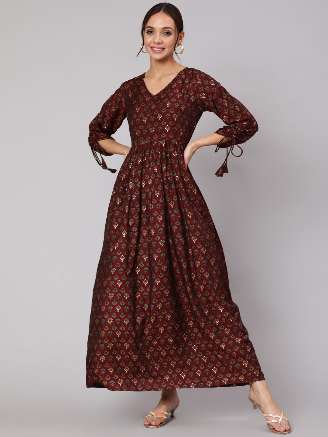 Maroon Ethnic Printed Gathered Dress With Three Quarter Sleeves