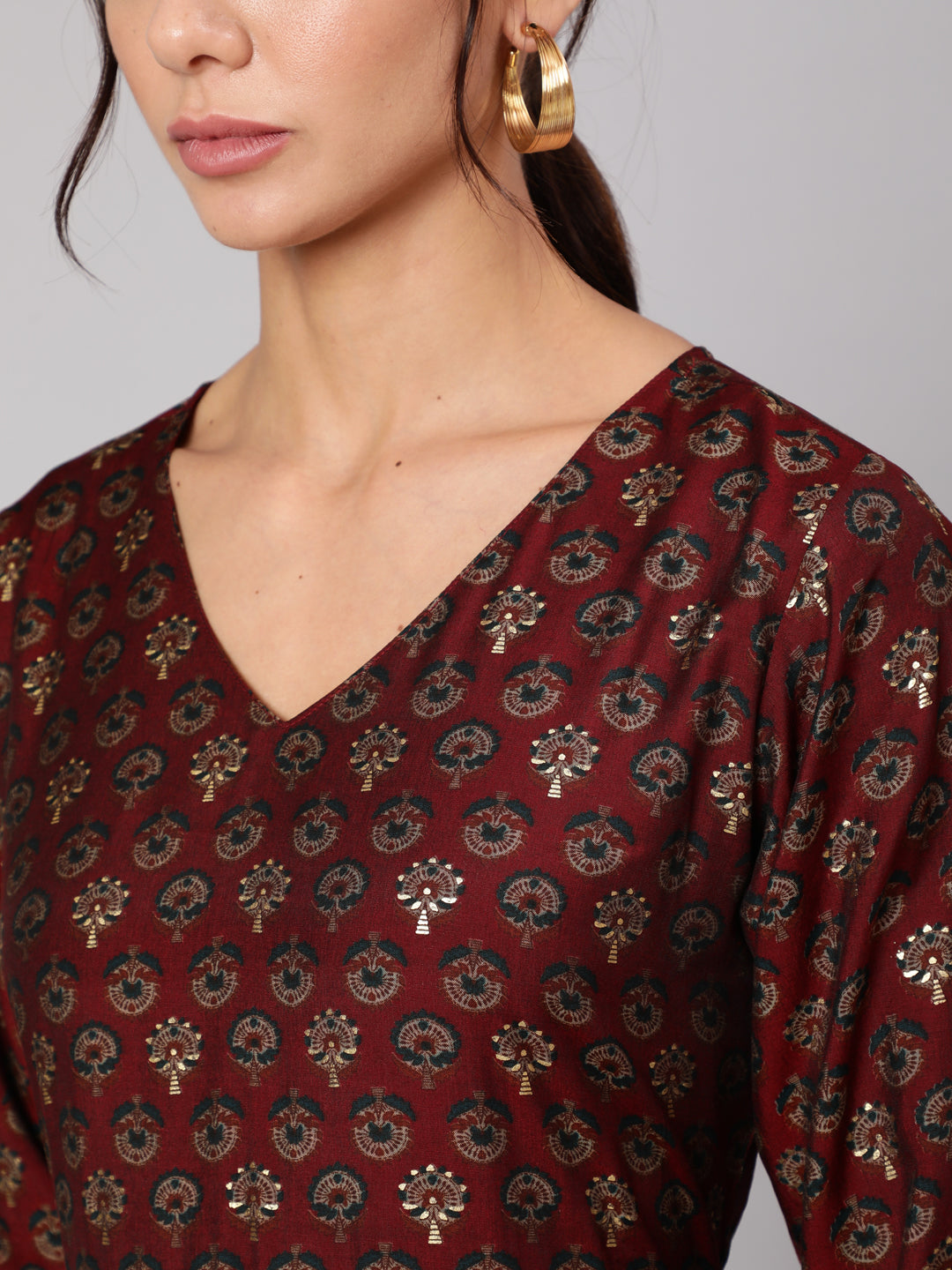 Maroon Ethnic Printed Gathered Dress With Three Quarter Sleeves