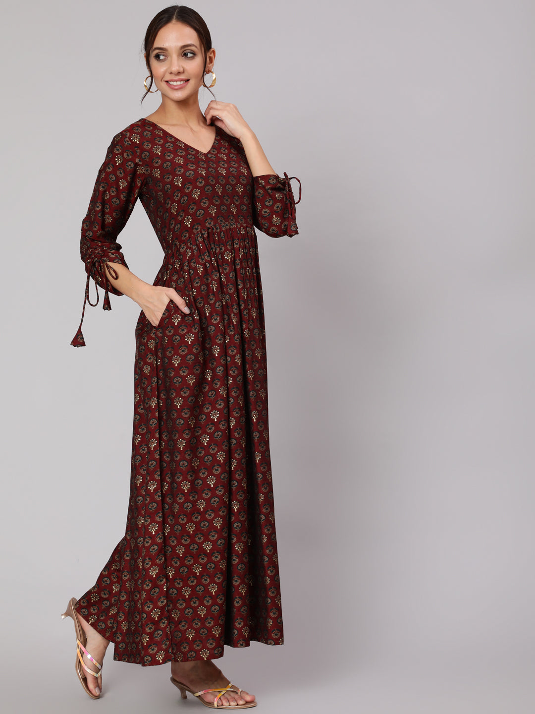 Maroon Ethnic Printed Gathered Dress With Three Quarter Sleeves
