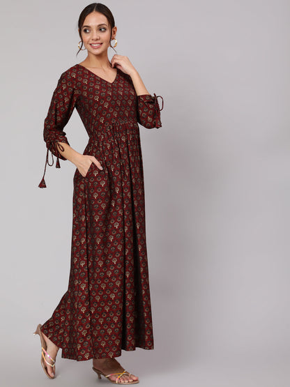 Maroon Ethnic Printed Gathered Dress With Three Quarter Sleeves