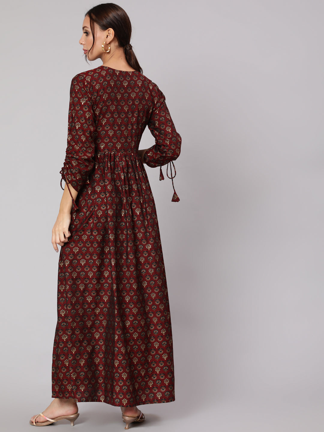 Maroon Ethnic Printed Gathered Dress With Three Quarter Sleeves
