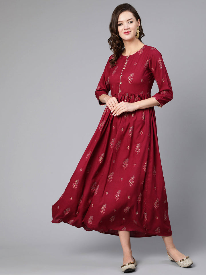 Burgundy Printed Flared Dress With Three Quarter Sleeves