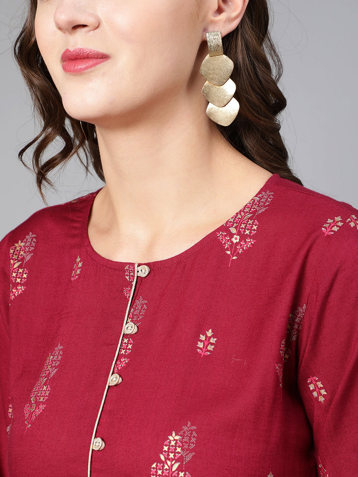 Burgundy Printed Flared Dress With Three Quarter Sleeves