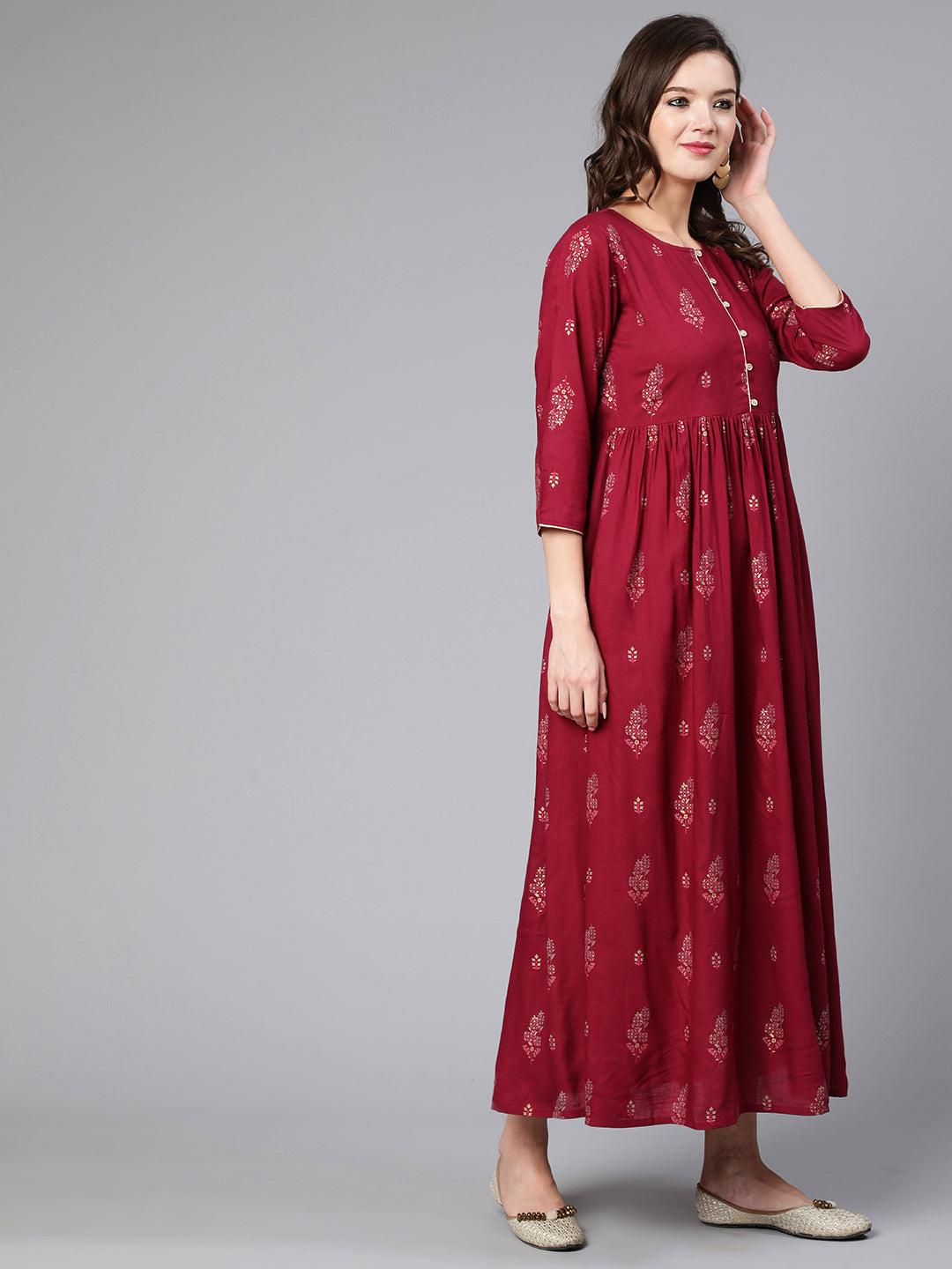 Burgundy Printed Flared Dress With Three Quarter Sleeves