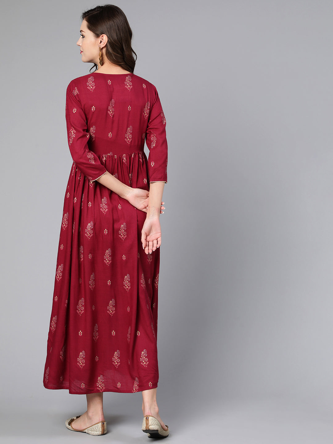 Burgundy Printed Flared Dress With Three Quarter Sleeves