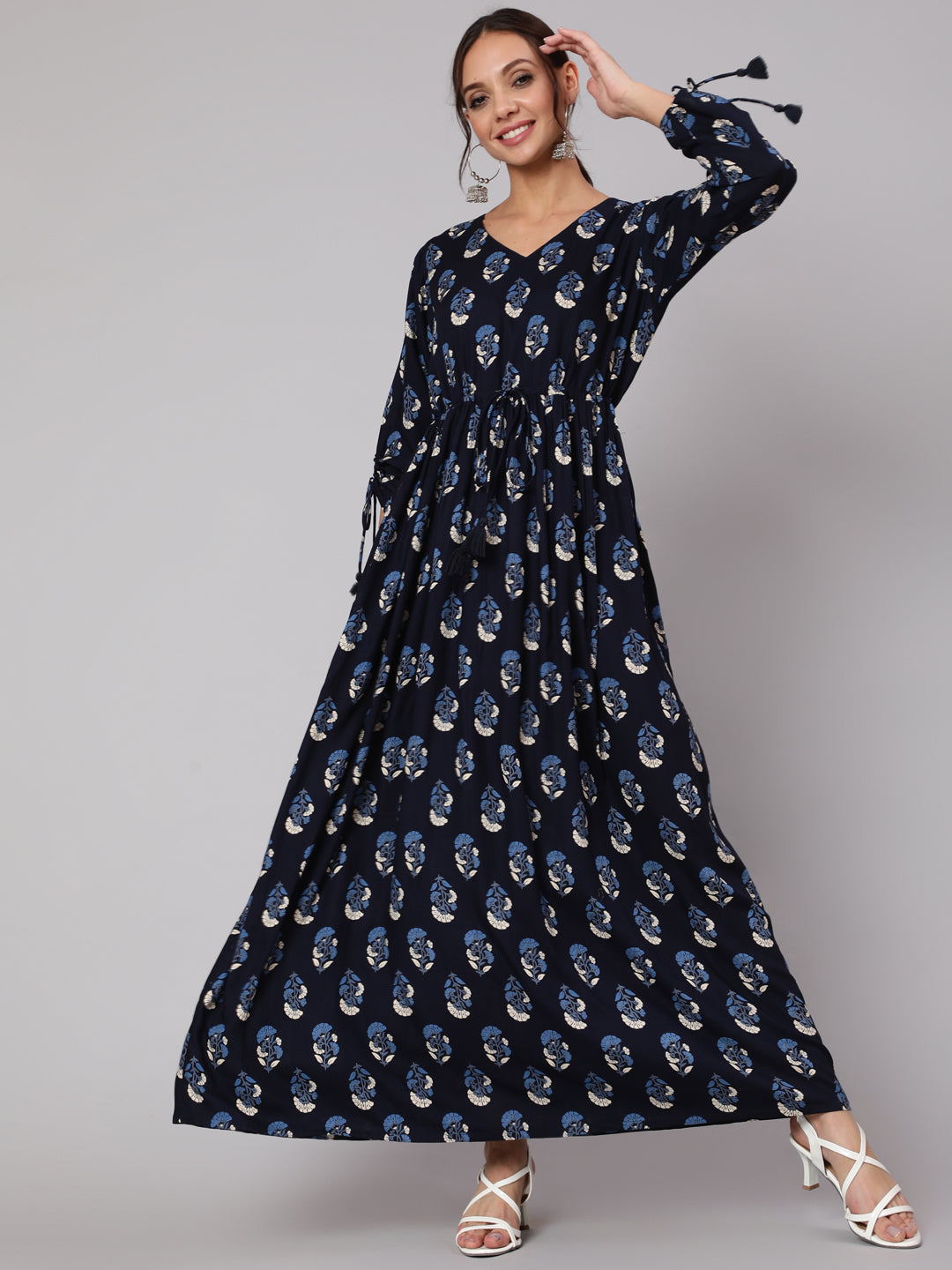 Navy Blue Ethnic Printed Gathered Dress With Three Quarter Sleeves