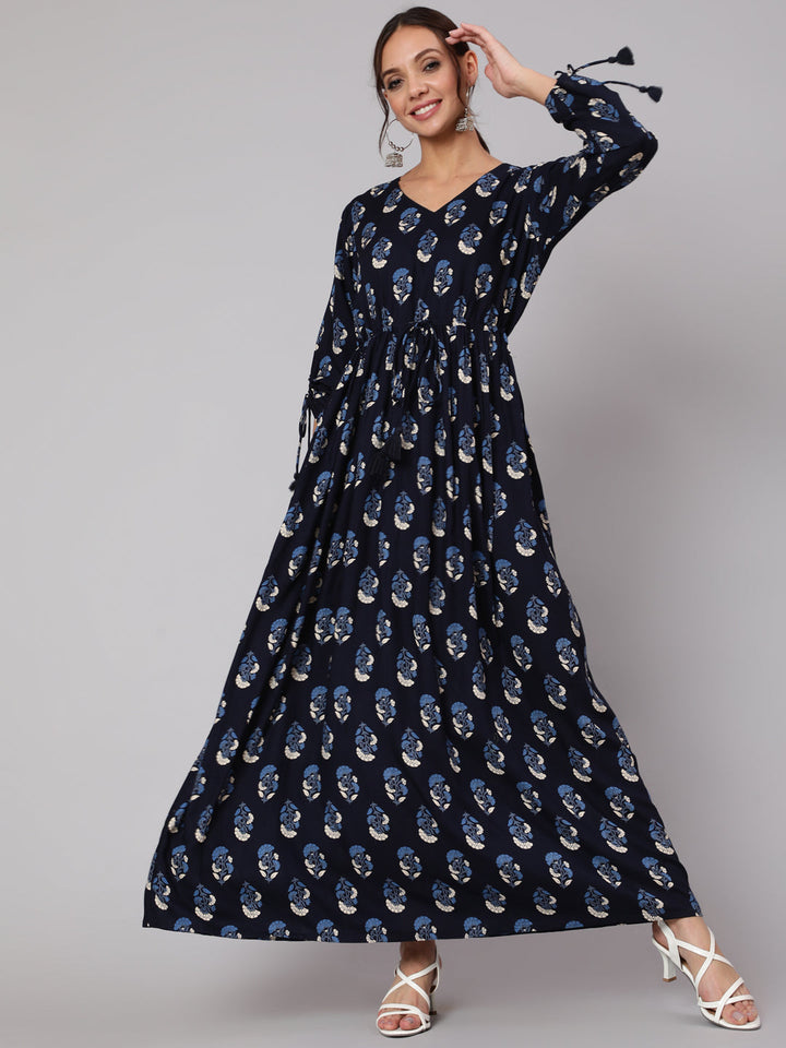 Navy Blue Ethnic Printed Gathered Dress With Three Quarter Sleeves