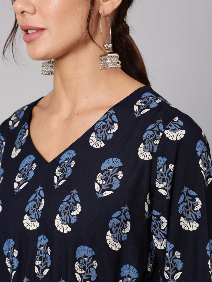 Navy Blue Ethnic Printed Gathered Dress With Three Quarter Sleeves