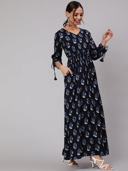 Navy Blue Ethnic Printed Gathered Dress With Three Quarter Sleeves