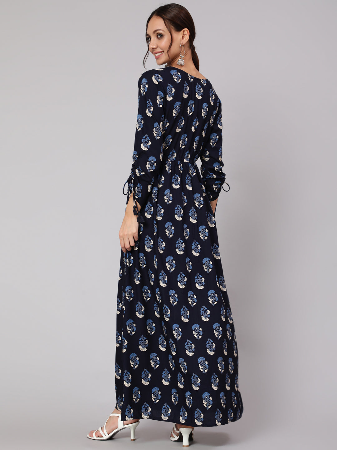 Navy Blue Ethnic Printed Gathered Dress With Three Quarter Sleeves