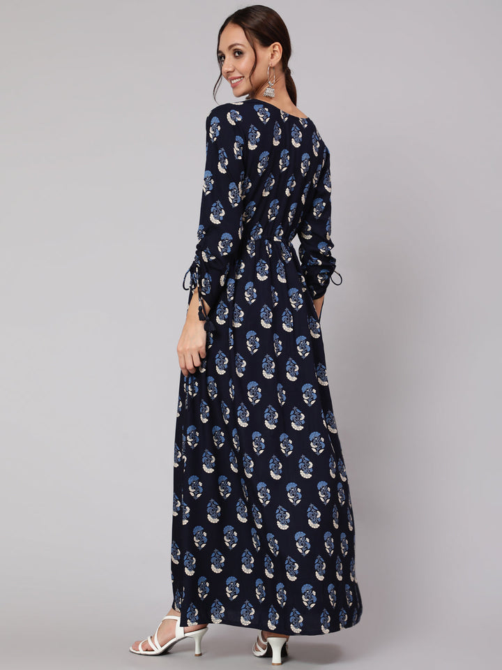 Navy Blue Ethnic Printed Gathered Dress With Three Quarter Sleeves