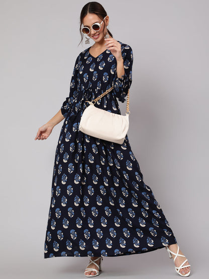 Navy Blue Ethnic Printed Gathered Dress With Three Quarter Sleeves