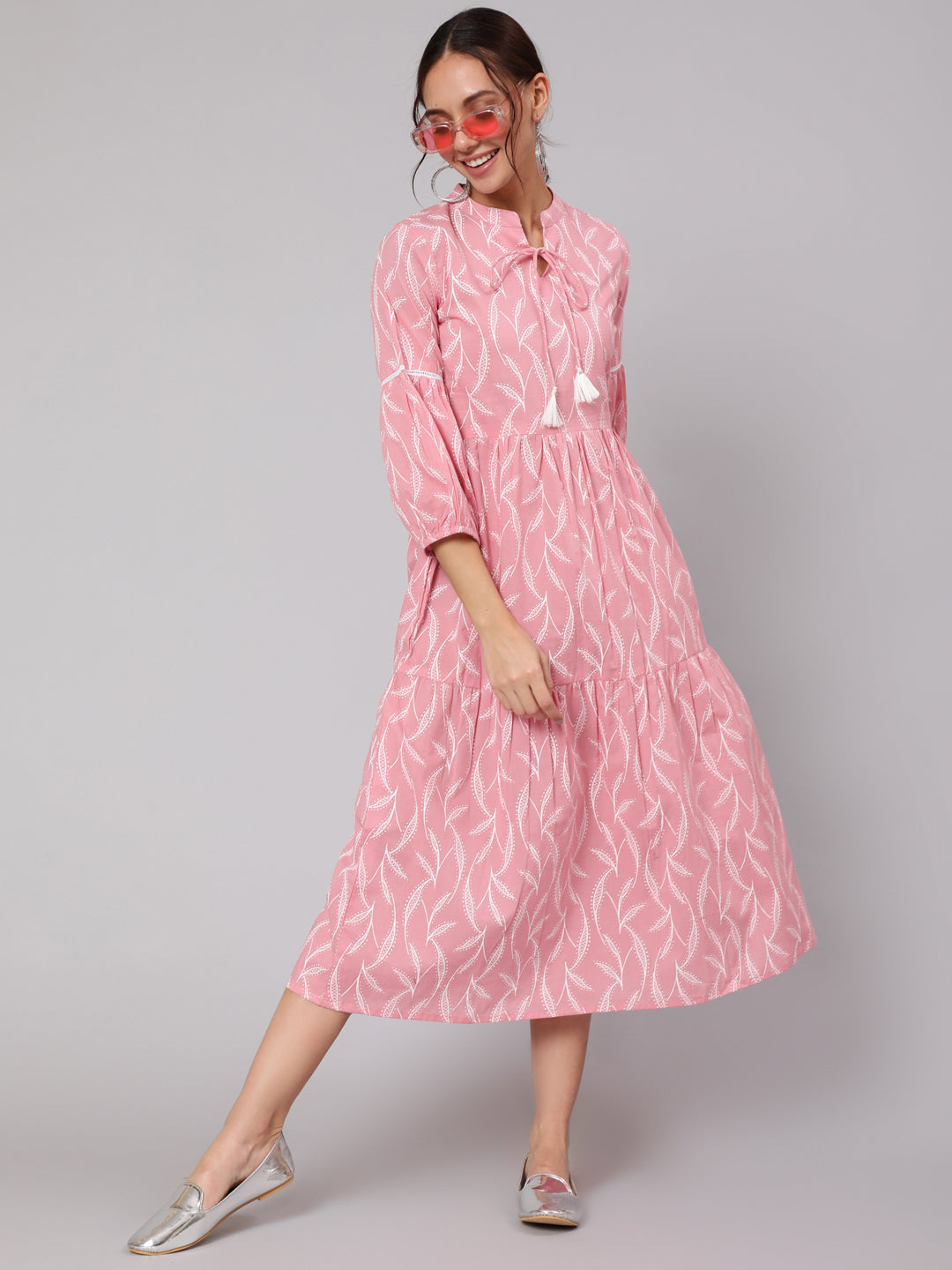Pink Abstrac Printed Gathered Dress With Three Quarter Sleeves