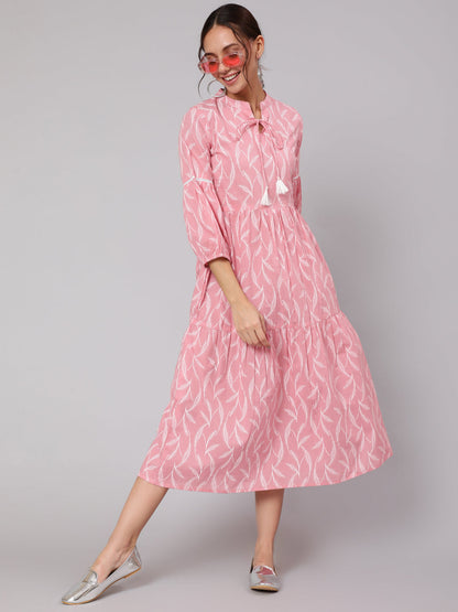 Pink Abstrac Printed Gathered Dress With Three Quarter Sleeves