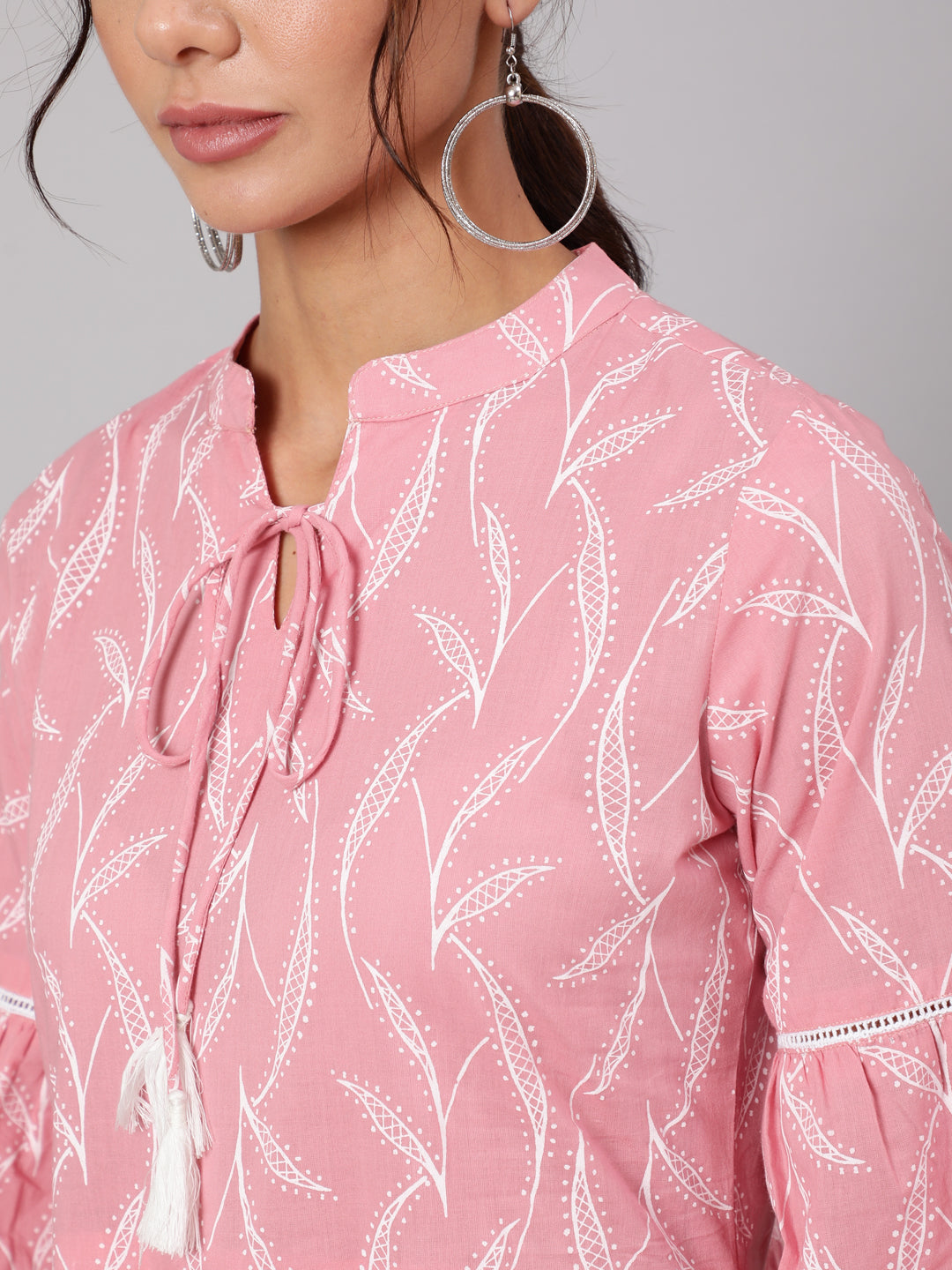 Pink Abstrac Printed Gathered Dress With Three Quarter Sleeves