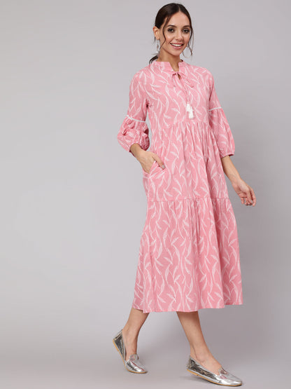 Pink Abstrac Printed Gathered Dress With Three Quarter Sleeves