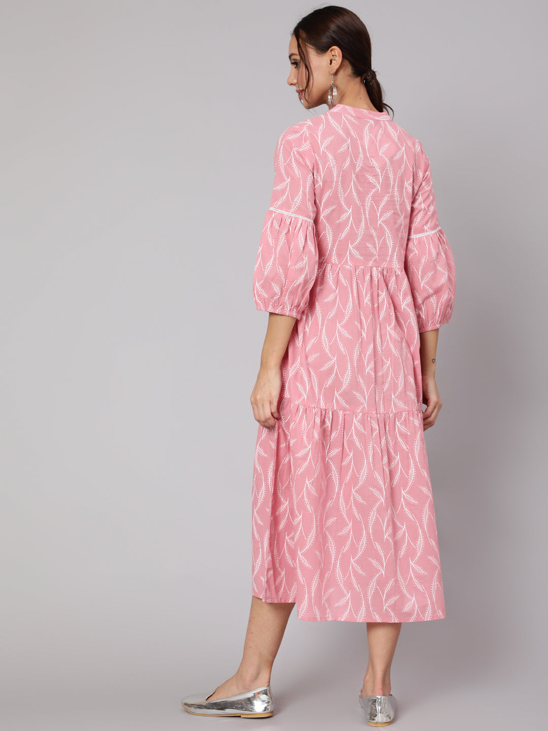 Pink Abstrac Printed Gathered Dress With Three Quarter Sleeves