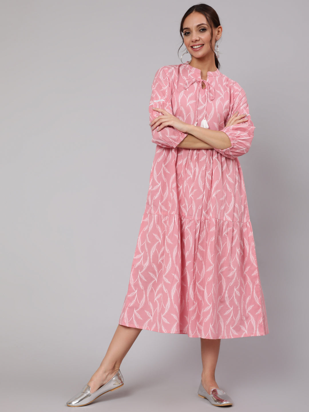 Pink Abstrac Printed Gathered Dress With Three Quarter Sleeves