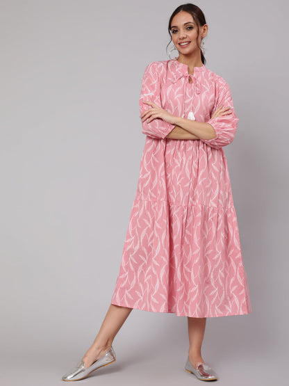 Pink Abstrac Printed Gathered Dress With Three Quarter Sleeves