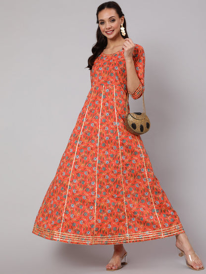 Orange Floral Printed Flared Dress With Three Quarter Sleeves